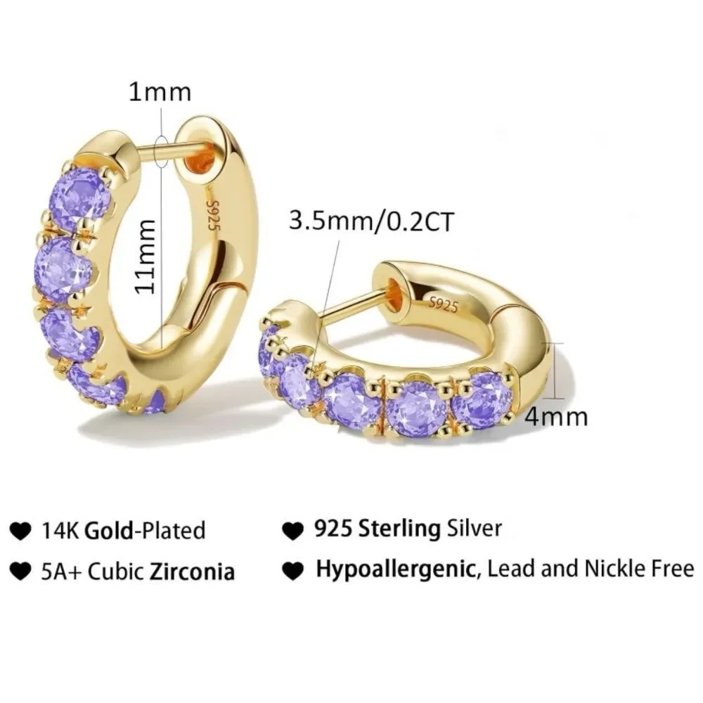 14K Yellow Gold 925 Sterling Silver with Amethyst Cubic Zirconia Huggie Earrings